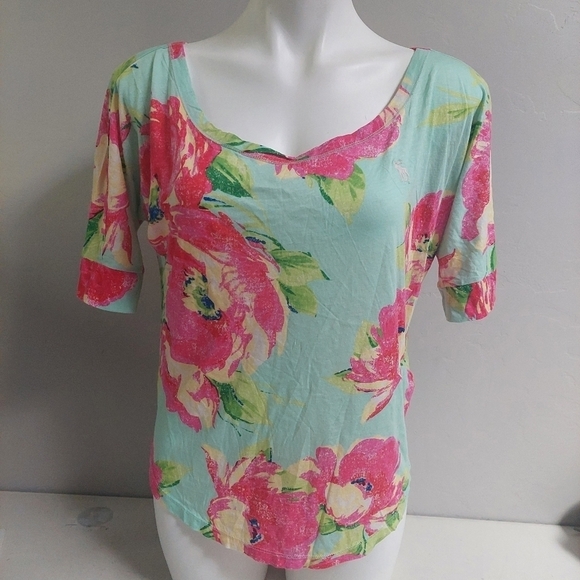 Abercrombie‎ and Fitch Y2K Pink Green Top Floral Half Sleeve Boat Neck - Picture 1 of 9